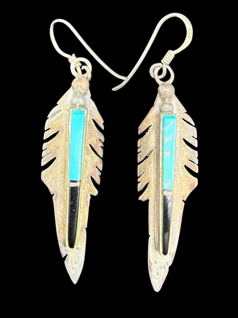 Sterling Silver Turquoise Inlay Feather Drop Earrings